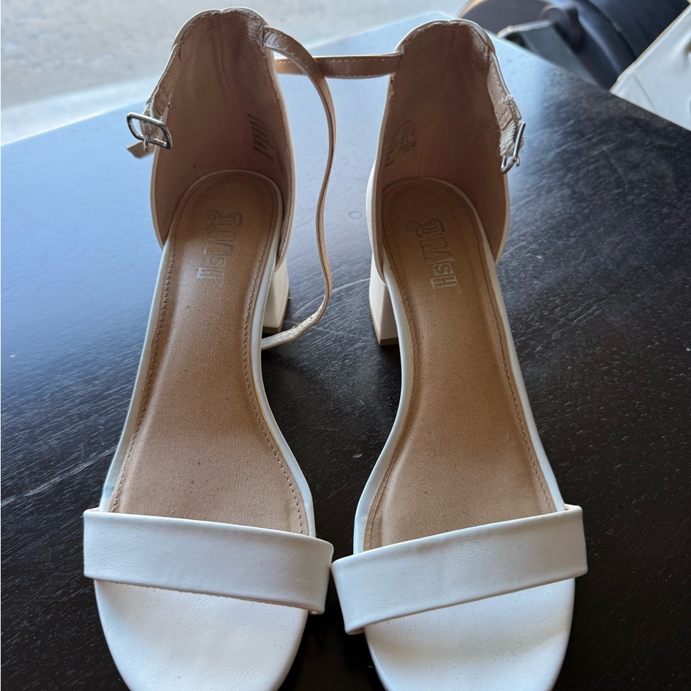 White Ankle Strap Block Heels